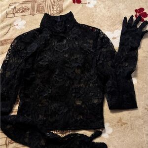 Saint Laurent Sheer Black Lace Top with Gloves